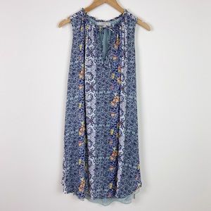 Loft Blue Floral Patterned Tie Neck Swing Dress
